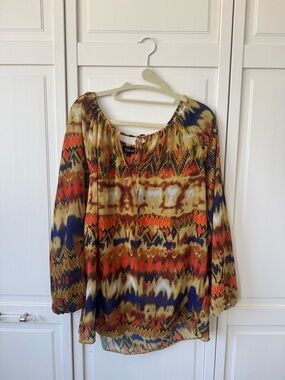 Tolani Multicolor Printed Peasant Blouse in Gold, Blue & Red